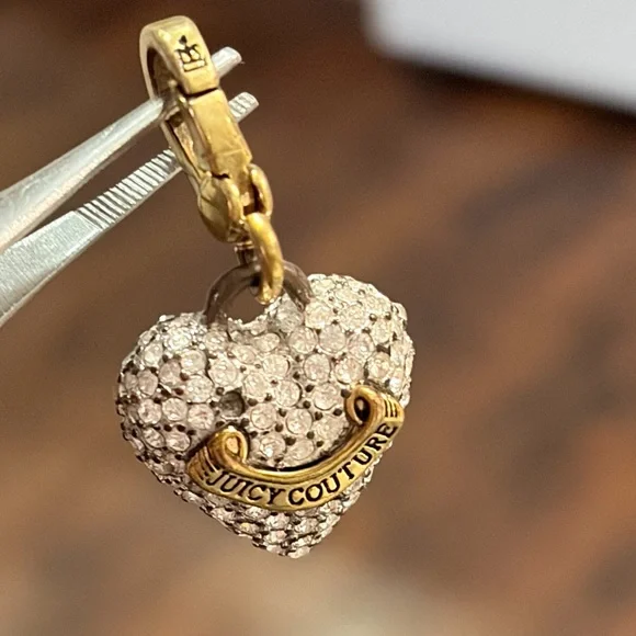 Juicy Couture Charm Logo Signature Crystals Gold Tone Puffed Pave Heart Vintage
